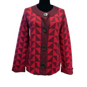 Sacks Fifth Avenue Signature Thickened Wool Cardigan Geo Print Red Round Neck S